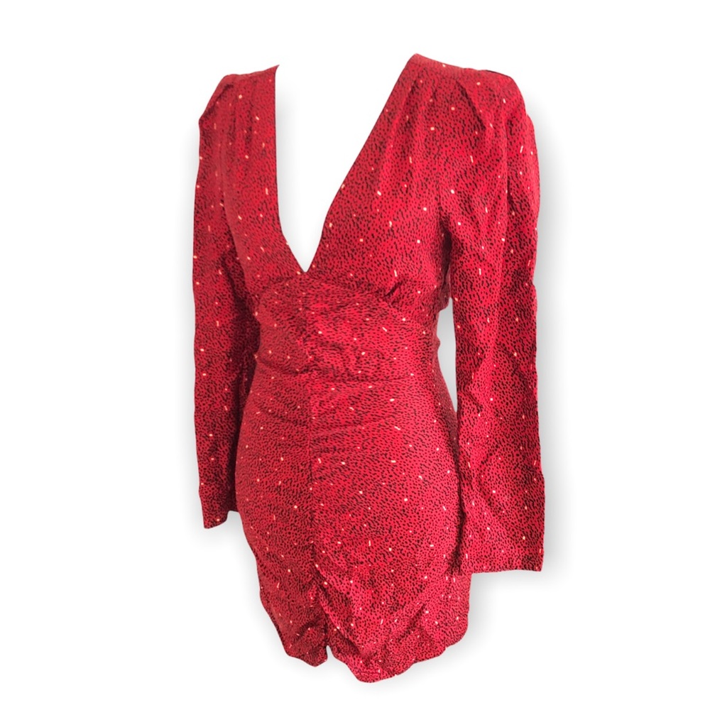 NWT ZARA Red V Neck Rushed Mini Long Sleeve Dress XS
